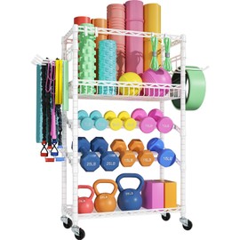 FUTASSI S3 Dumbbells Rack Storage Rack, Rolling Home Gym Weight Organizer Rack, Yoga Mat Storage and Workout Equipment Organizers for Gym Studio, Max Load 500 LBS, 34.6"W x 11.8"D x 48.6"H, White