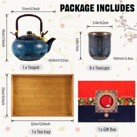Layhit Japanese Asian Tea Set for Adults with 1 Teapot 6 Cups 1 Tray Traditional Portable Japanese Kiln Altered Glaze Porcelain Tea Set for Women Mother's Day Gifts(Blue)