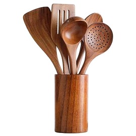 rismart 8pcs Wooden Cookware Kitchen Utensil Nonstick Natural Wood Spatula, Spoon, Colander and Salad Fork Cooking Set, 5pcs&Bucket