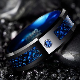 Vakki Tungsten Carbide Wedding Band / Ring, with Zircon and Dragon Inlay, Comfort Fit, Sizes L to Z, 8 mm, Black and Red, Tungsten, Black + Blue