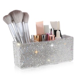 Gatuida Rhinestone Brush Storage Holder Glamorous Slot Compartment Organizer for Vanity Office Home Stylish Storage Box for Cosmetics Stationery for All Ages