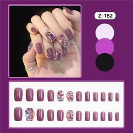 CJDLTS Rhinestones Press on Nails Short Square Full Cover Glossy Purple Acrylic False Nail Glitter Diamond Design Square Stick on Nail Press Ons Artificial Fingernails 24Pcs Glue on Nails for Women