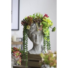A and B Home 15.4" H Gray Cement Indoor Outdoor Rose Wreath Lady Head Planter, Home Décor, Garden Accent Sculpture