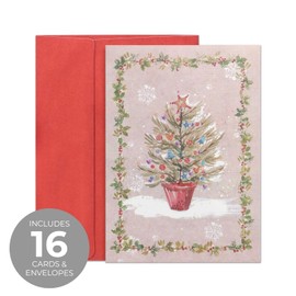 Masterpiece Whimsical Christmas Tree Cards / 16 Boxed Holiday Card Set With Coordinating Red Envelopes / 5 5/8" x 7 7/8" Folded Winter Greeting Cards With Inside Verse