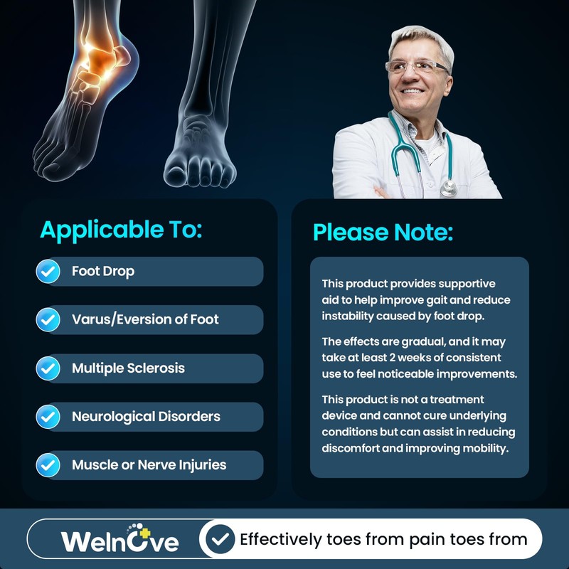 Welnove Upgraded Drop Foot Brace – Adjustable Lightweight AFO Support