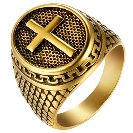 JewelryWe Vintage Cross Rings Stainless Steel Christian Cross Religious Rings for Men,Gold(US Size 10)