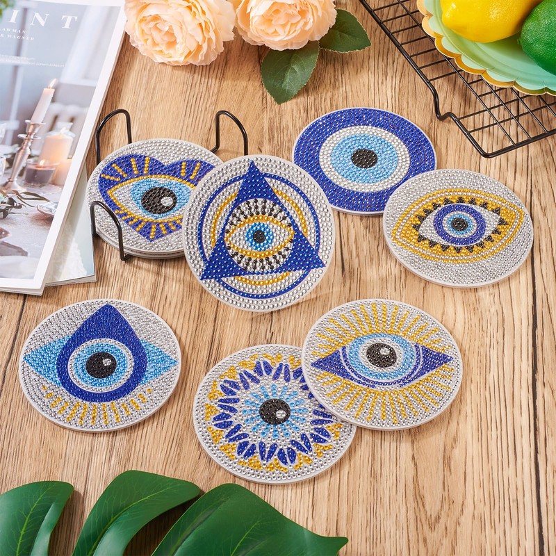 Beadthoven Evil Eye Diamond Painting Coaster Blue Gold 5D Diamond