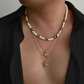 ALRNBY Necklace for Men Stacked Puka Shell Black Beaded Men's Necklaces Pendant Wooden Coconut Summer Beach Seashell Jewelry Birthday Gifts for Dad Husband (C-Gold Layered)