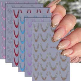 6 Sheets Line Nail Stickers 3D Colorful Glitter French Tips Nail Decals Gold Glitter Curve Waves Nail Designs Pink Purple Blue Silver Stripes Nail Supplies Nail Decoration for Women and Girls Manicure