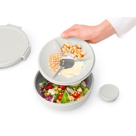 Brabantia Make & Take Salad Bowl with Removable Tray for Toppings & Dressings (Light Gray) 100% Leakproof, Microwave & Freezer Safe Meal Prep Container