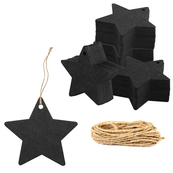200 PCS Black Kraft Star Paper Gift Tags with 100 Feet Natural Jute Twine String for Arts Crafts Packaging (Label Measures 2.4” in Diameter)