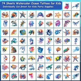 CHARLENT Temporary Tattoos with Watercolour Sea Animals for Party Supplies for Kids - 74 Individual Sheets Sea Animal Tattoos for Boys and Girls, Ocean Birthday Party Gifts