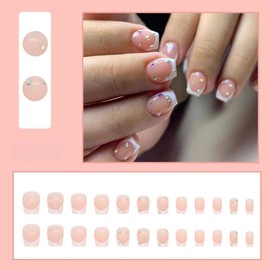 White French Tip Press on Nails Short Square Fake Nails with Sparkly Crystals Design Nude Pink False Nails Short Coffin Glue on Nails Natural Acrylic Stick on Nails for Women 24Pcs