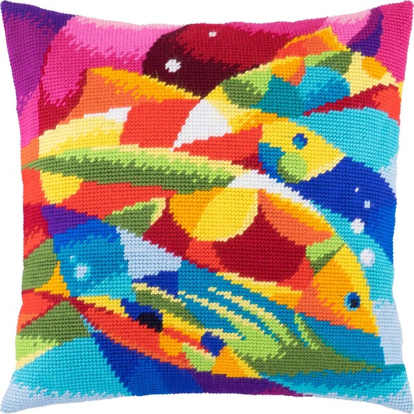 Abstract Fish. Needlepoint Kit. Throw Pillow 16×16 Inches. Printed Tapestry Canvas, European Quality