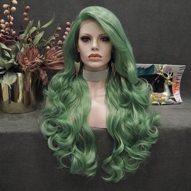 IMSTYLE Green Cosplay Lace Front Wig Long Wavy Synthetic Wigs Heat Resistant Free Part 26 Inch Lace Front Synthetic Wig