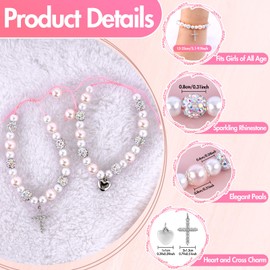 2Pcs Pearl and Rhinestone First Communion Bracelets, Heart Cross Rosary Bead Bracelets, Holy Baptism Gift Charm Bracelets, First Communion Confirmation Pearl Gift for Girls Baby's Christening