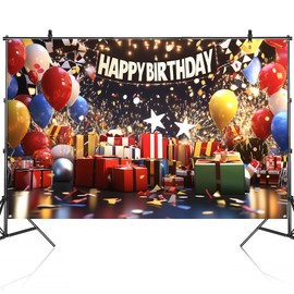 BSFHH Vibrant Birthday Party Backdrop with Balloons & Gift Boxes – Premium Photo Booth Decoration for Kids, Adults – 71x43 Inches Wrinkle-Resistant Fabric (Colorful Giftbox, 71" × 43")