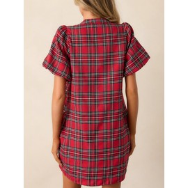 Women Plaid Mini Dress V Neck Lantern Short Sleeve Bow Front Shift Dress with Pocket Red
