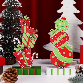 2 Pcs Christmas Table Decorations 5.9 Inch Wooden Xmas Centerpieces Red Green Gifts Box and Ball Ornaments Shape Christmas Signs Tabletop with Bells for Table Shelf Fireplace Holiday