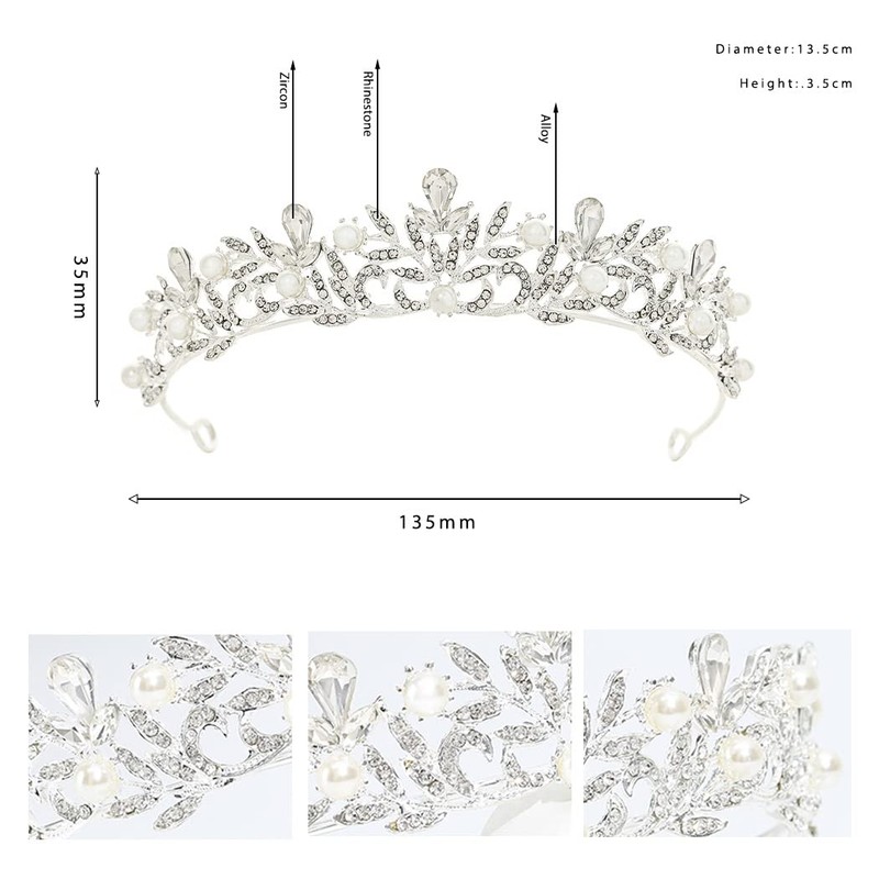 Urieo Silver Rhinestone Tiara Crown Bridal Pearl Queen Crown Crystal