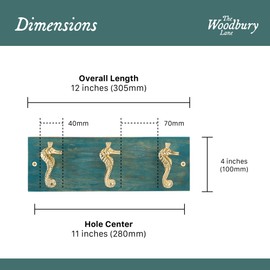 The Woodbury Lane Coastal Wall Mounted Coat Rack with 3 Polished Brass Seahorse Hooks for Hanging, Distressed Hook Rail for Hat & Coats, Nautical Beach Themed Organizer for Entryway & Bathroom
