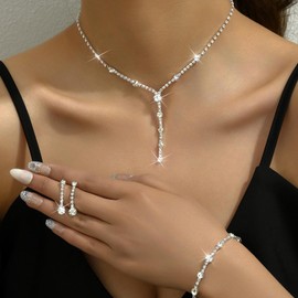 Silver Jewelry for Women Costume Jewelry Wedding Jewelry Set for Women Brides Sparkling Rhinestone Choker Necklace Earrings Bracelet Set Prom Wedding Guest Dresses Accessories for Women
