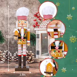 WONDER GARDEN Christmas nutcrackers, 15 Inch Nutcracker Christmas Decor, Wooden Chef Nutcracker Figures Ornaments with Gingerbread House, Nutcrackers Christmas Decorations for Shelves and Tables Decor