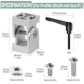 2 x Joint Connectors, Joint Aluminium Profile, 30 x 30 mm, Groove 8, Adjustable Angle Connector, Zinc Alloy, Flexible Hinge 180° Rotation Range, with Clamping Lever, Mounting Accessories for Aluminium