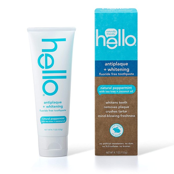 Hello Oral Care Fluoride Free Antiplaque and Whitening Toothpaste, Vegan & SLS Free, Natural Peppermint with Tea Tree Oil & Coconut Oil, 4.7 Ounce