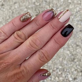 YKZFUI Press on Nails, 24 Pcs Black Glossy False Nails, Short Ballerina Shape, Square French Tip Design, Acrylic Nails for Women and Girls