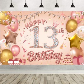Happy 13th Birthday Banner Rose Gold Birthday Party Decoration Backdrop, 13th Birthday Poster Fabric Banner Photography Background for Girls Women, 110 x 180 cm (13th)