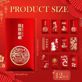 Faccito 72 Pcs 2025 Chinese New Year Red Envelopes Lunar Money Envelopes Chinese New Year Hong Bao Spring Festival Red Packet with 12 Different Pattern Decoration, 6.5 x 3.5 Inches(Snake Style)