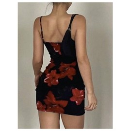 Verdusa Women's Floral Y2K Mini Dress Vintage Flower Sundress Cami Short Bodycon Going Out Dresses Black and Red Medium
