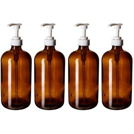 32-Ounce Soap and Detergent Glass Bottles - Amber Glass with White Pumps. Great for Lotions, Soaps, Oils, Sauces and Laundry Detergent- by kitchentoolz (4 Pack)