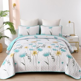 Dinjoy King Size Quilt Set Floral,3 Piece Aqua Farmhouse Bedding Set Lightweight Flower Bedspreads White Coverlet Bed Sets Cute Boho King Quilts for Summer All Season(90"x104")
