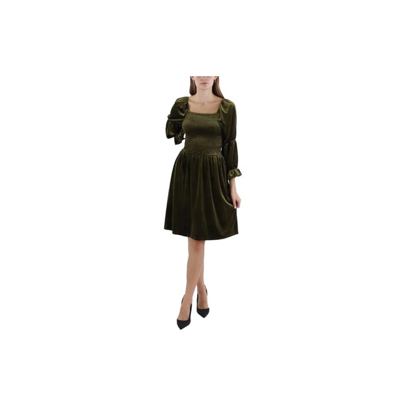 TAHARI ASL Womens Velvet Smocked Fit & Flare Dress Green
