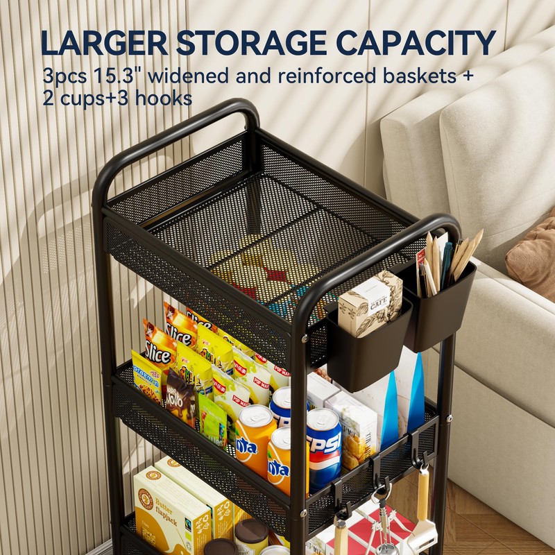 YASONIC 3 Tier Rolling Cart – Metal Utility Storage Cart