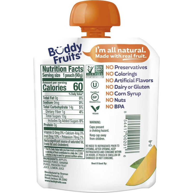 Buddy Fruits Snacks To Go Mango Unsweetened Applesauce 3.2oz Pouch