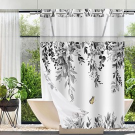 TWLSNCD No Hook Shower Curtain with Snap in Liner Set, Black and White Eucalyptus Leaf Butterfly Bath Curtain with Botanical Plant for Bathroom, 71x74 Inches