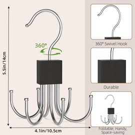 360° Swivel Belt Hanger for Wardrobe, Tie Rack Hanger with 6 Hooks, Suitable for Tie, Belt, Gloves, Scarves, Handbags (Black)