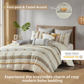 INK+IVY King Duvet Cover Set, Chic Trims & Pompom Accent, Boho Duvet Set King, All Season, Lightweight Cotton Duvet King Bedding Cover, 2 Shams, Cody, King/Cal King Gray/Yellow 3 Piece