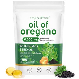 Oil of Oregano, 300 Softgels, 4-in-1 Oil of Oregano with Black Seed Oil, Vitamin D3 & Elderberry, Oregano Oil Capsules Organic, 4X Strength Carvacrol & Thymoquinone, Non-GMO & Immune Support