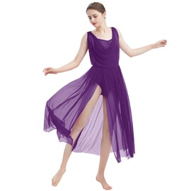 ODASDO Women Lyrical Modern Contemporary Dance Costume Ballet Leotard Drop V-Neck Backless Split Mesh Tulle Skirt Flowy Overlay Long Dress Ballroom Pageant Clothes Purple M