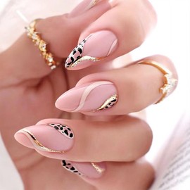 Press on Nails Medium Almond Fake Nails with Golden Lines Leopard Designs Glue on Nails Pink False Nails Acrylic Nails Press ons Cute Glossy Artificial Stick on Nails for Women Girls 24Pcs