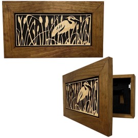 Hidden Gun Storage Cabinet with Heron in Cattails, Wall Mounted Concealed Gun Cabinet To Securely Store Your Gun In Plain Sight by Bellewood Designs