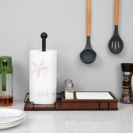 ExoLiry Rustic Brown Wooden Kitchen Countertop Paper Towel Roll Holder Spice Jar Rack Shakers Vintage Brass Metal Design Napkin Dispenser Dining Table Caddy Organizer Condiments Home Outdoor Picnic