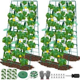 ROADPLUM 2 Pack Cucumber Trellis for Raised Garden Bed, Outdoor Sturdy Metal A-Frame Cucumber Trellis Support for Climbing Plants Vegetables with Accessories, Easy Installation & Easy Harvesting