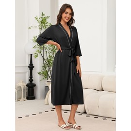Ekouaer Robes for Women Long Knit Bathrobe Lightweight 3/4 Sleeves Kimono Robe Soft Sleepwear with Pockets(Black, X-Large)