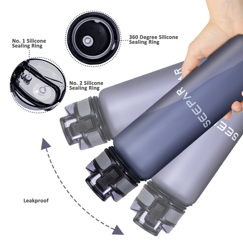 SEEPAR Water Bottle 1L with Time and Hydration Markers, Leak-Proof