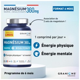 GRANIONS - Magnesium Tabletten - Magnesium Bisglycinat - Magnesium Komplex - Marines Magnesium + Magnesiumbisglycinat + Vitamin B6 - Für den Stoffwechsel und die Muskeln - Anti Stress - 180 Tabletten